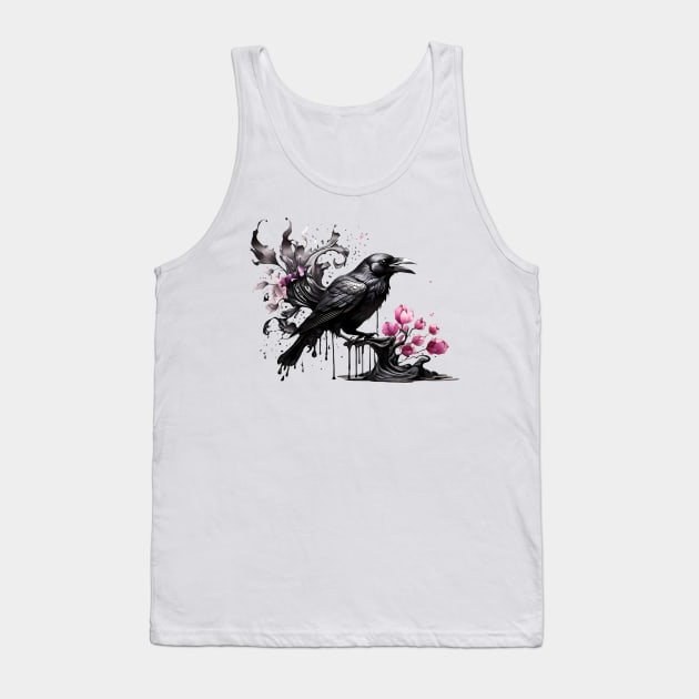 Ink Crow and sakura - Ink dripping effect Tank Top by PrintSoulDesigns